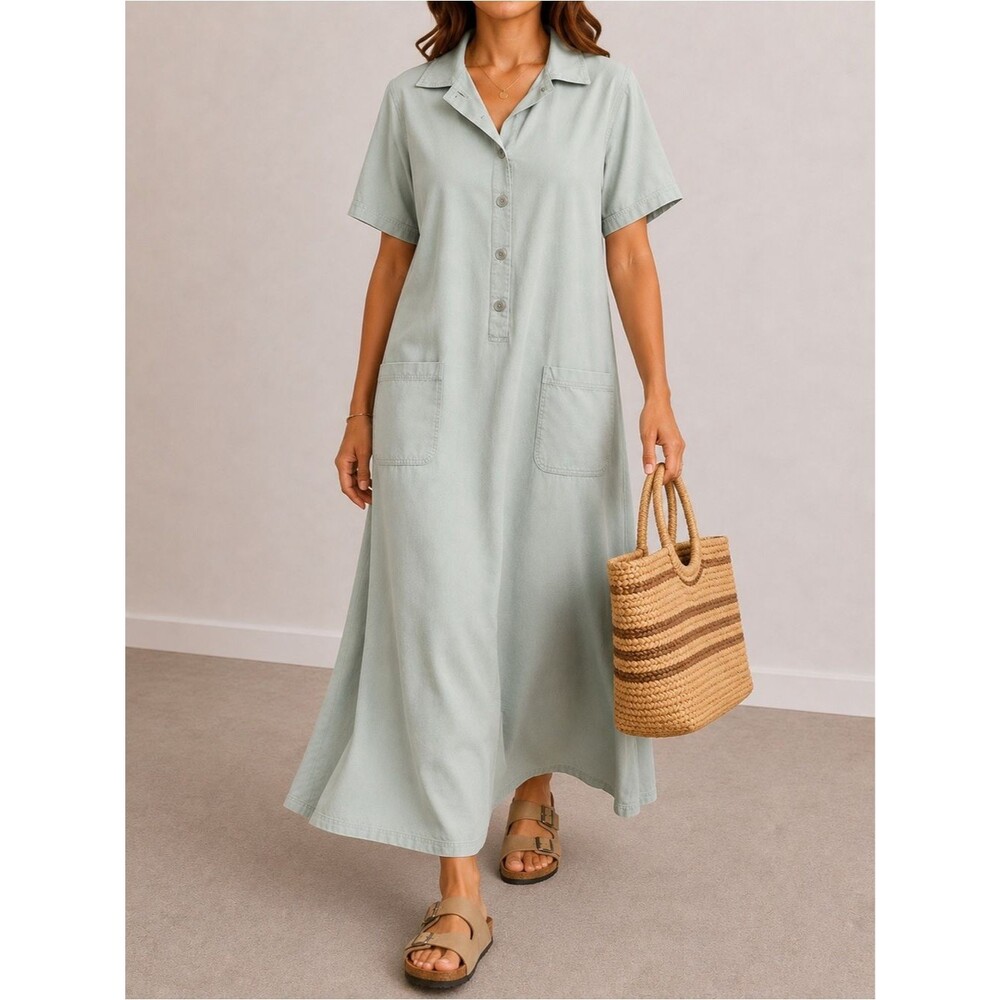 David Dart Sage Green Maxi Shirt Dress Utility Pockets Relaxed Tencel Sz Large